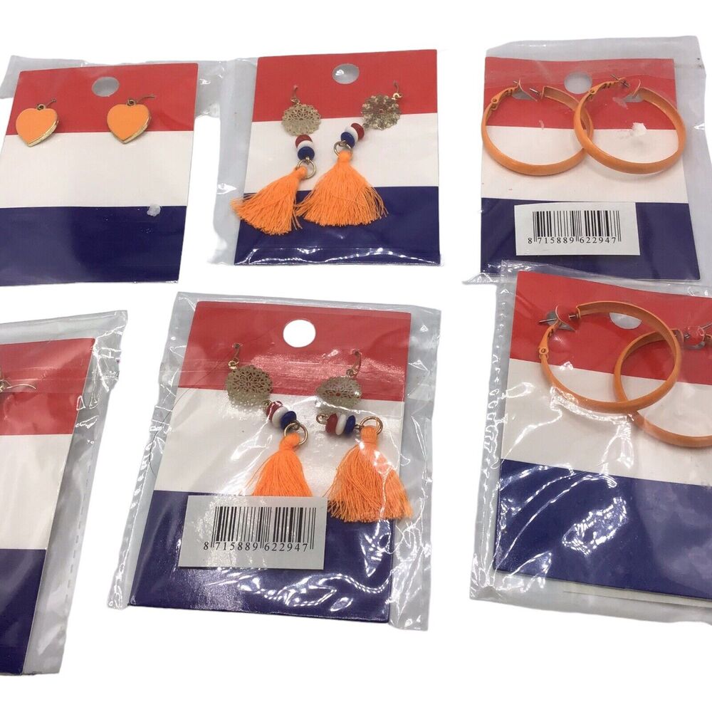 Lot of 6 Orange Red White Heart Hoop Tassel Pierced Earrings Set